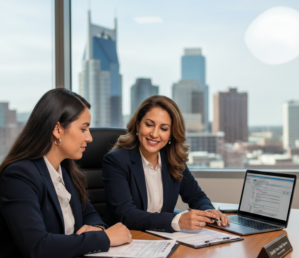 Professional tax preparer in Nashville TN helping a 1099 independent contractor with business tax filing in a modern office.